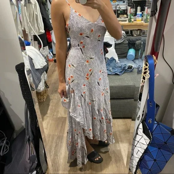 Urban Outfitters Floral Print Ruffle Trim Midi Dress Hi Low White Small - Picture 2 of 8